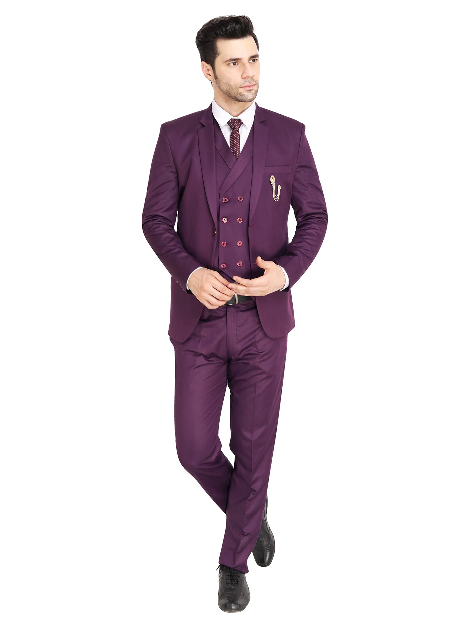 VYOM Enterprise Men's Slim Fit Tuxedo 3 Pieces Suit Set Notch Lapel Suit with Double Breasted Waistcoat Crocodile (36, Purple)-picture-15