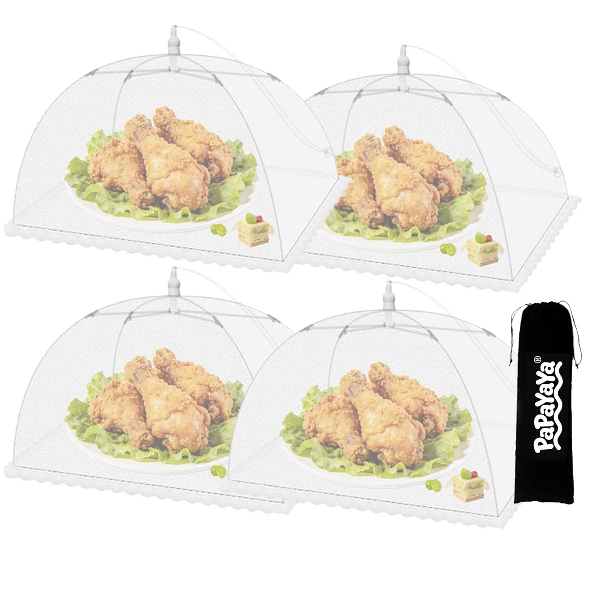 Food Cover Mesh, 100 * 60cm Large Food Net Cover Collapsible Food Mesh Pop Up Cover, 43 * 43cm Cake Cover Fruit Cover Umbrella for Dish Storage Outdoor (White 4pcs)