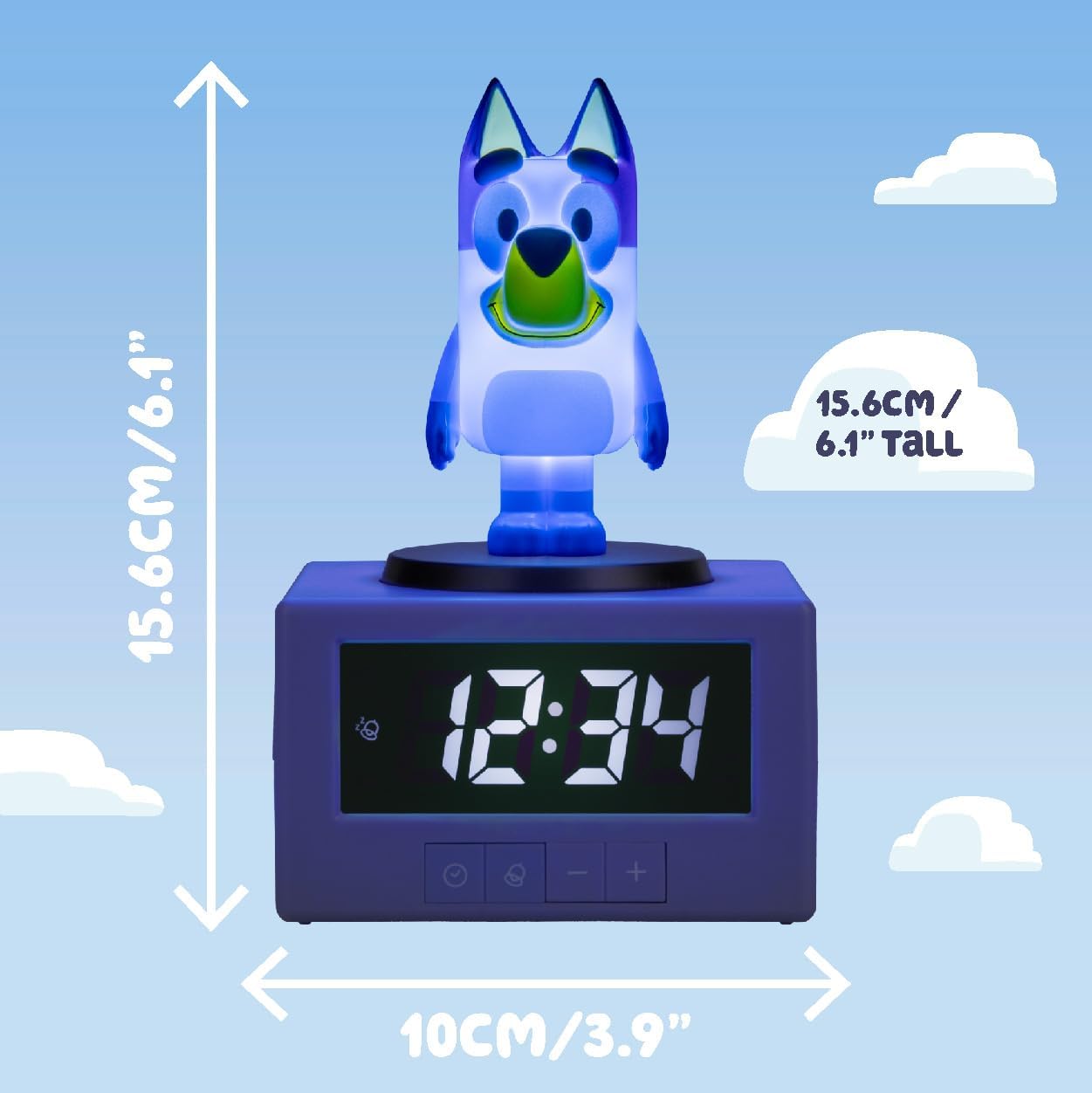 Diagram showing the dimensions of the Paladone Bluey Alarm Clock: 15.6cm/6.1 inches tall for the character, and 10cm/3.9 inches wide for the base.
