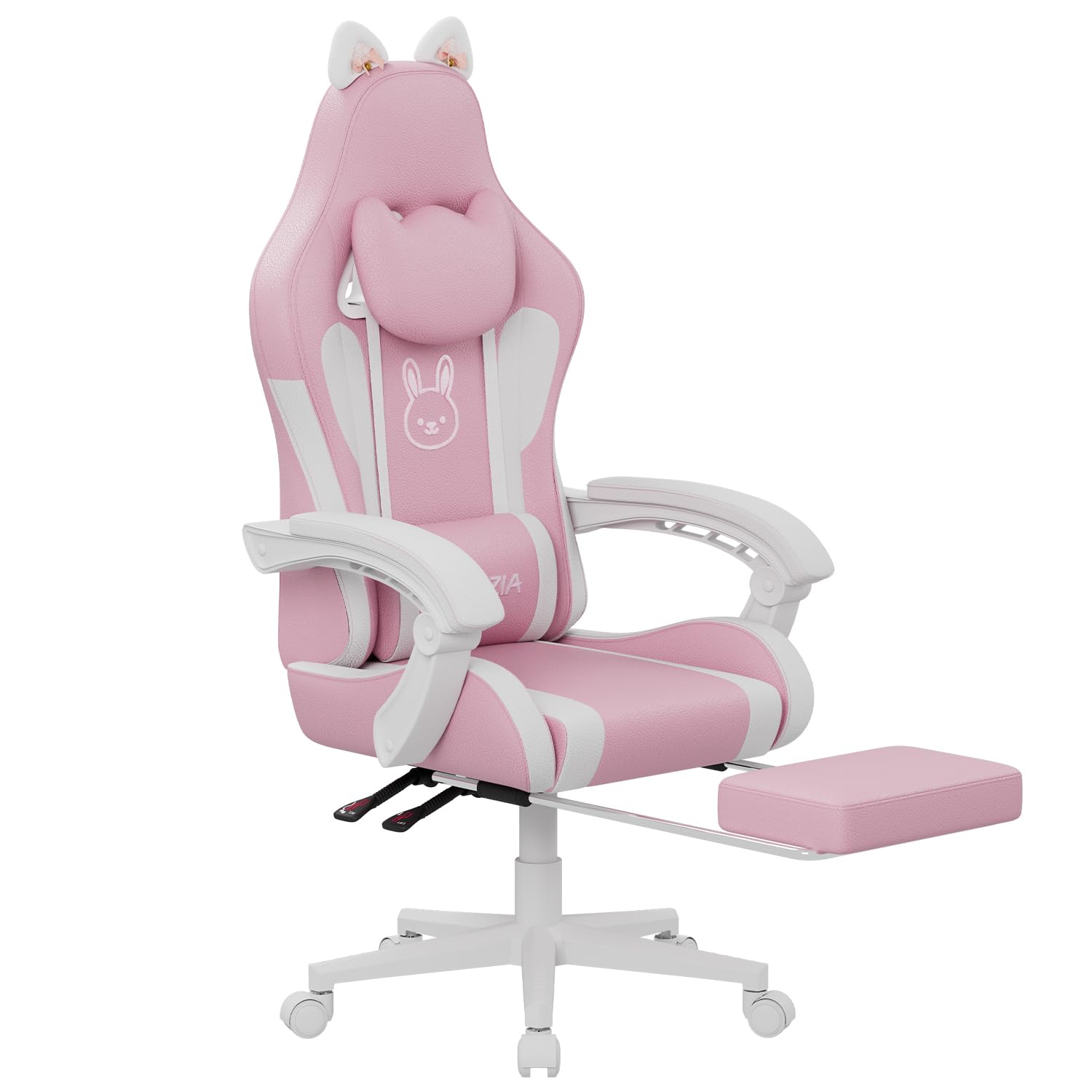bigzzia Silla Gaming,Silla Gaming ergonómica con Orejas de Gato para niñas y Adultos, Silla de Juegos de Ordenador Ajustable en Altura con reposacabezas y Soporte Lumbar de Masaje (Blanco Rosado)
