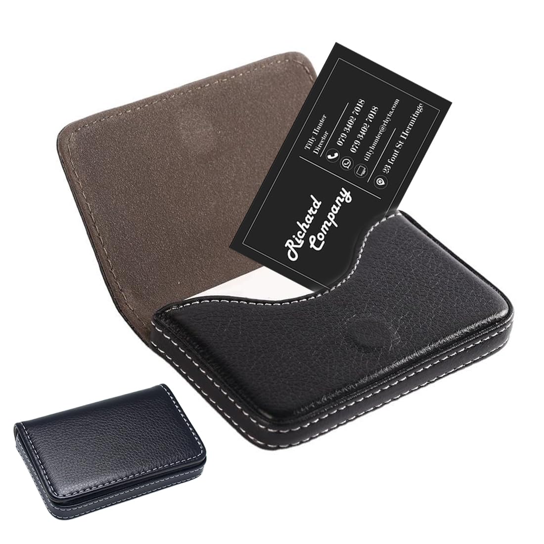 Porta biglietti da visita in pelle PU con fibbia magnetica, Acciaio Inox, Nero