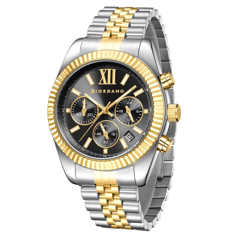 Image of Giordano Chronograph Watch for Men with Round Sunray Dial, Quartz Movement, Three Sub-Dials, Date Display, Roman Numeral Marker, Stainless Steel Strap - GZ-50217