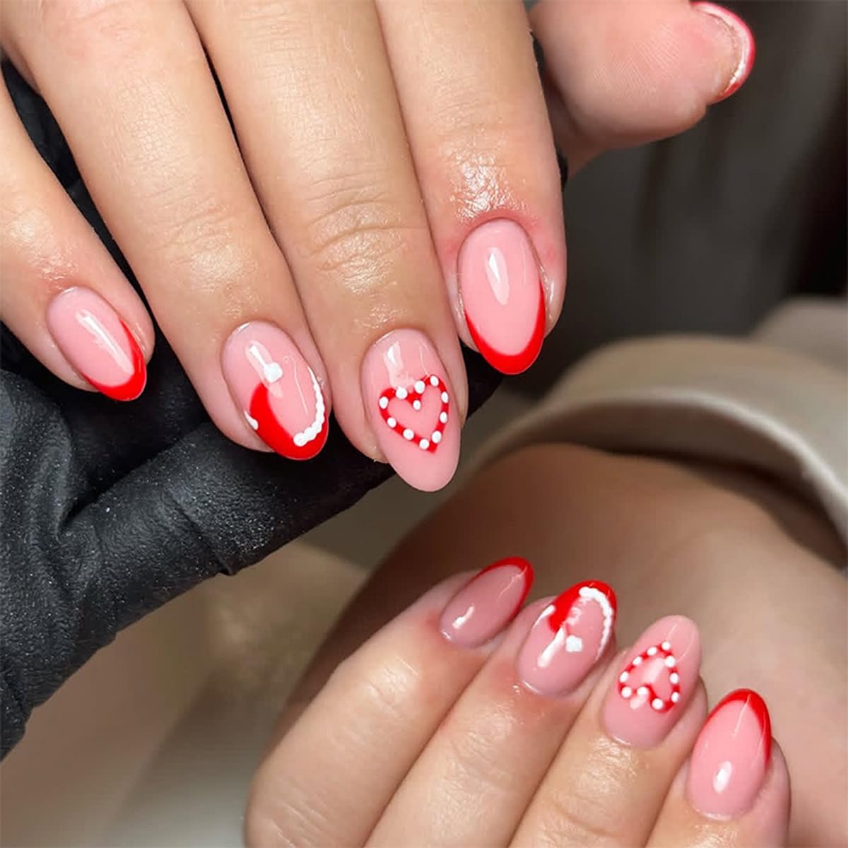 christmas press on nails medium almond cute fake nails red french tip false nails press ons with xmas hat candy cane heart designs glossy acrylic full cover stick on nails for women manicure 24pcs