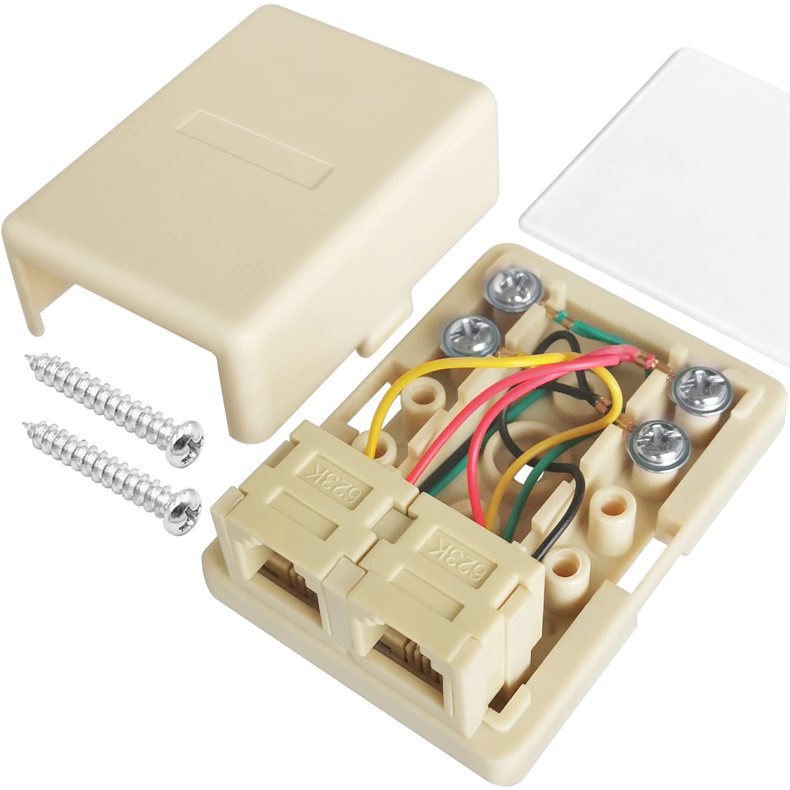 NECABLES Phone Jack Surface Mount Dual Port Telephone Jack Box 4 Screw Terminals to 2 RJ11 6P4C Female Ivory