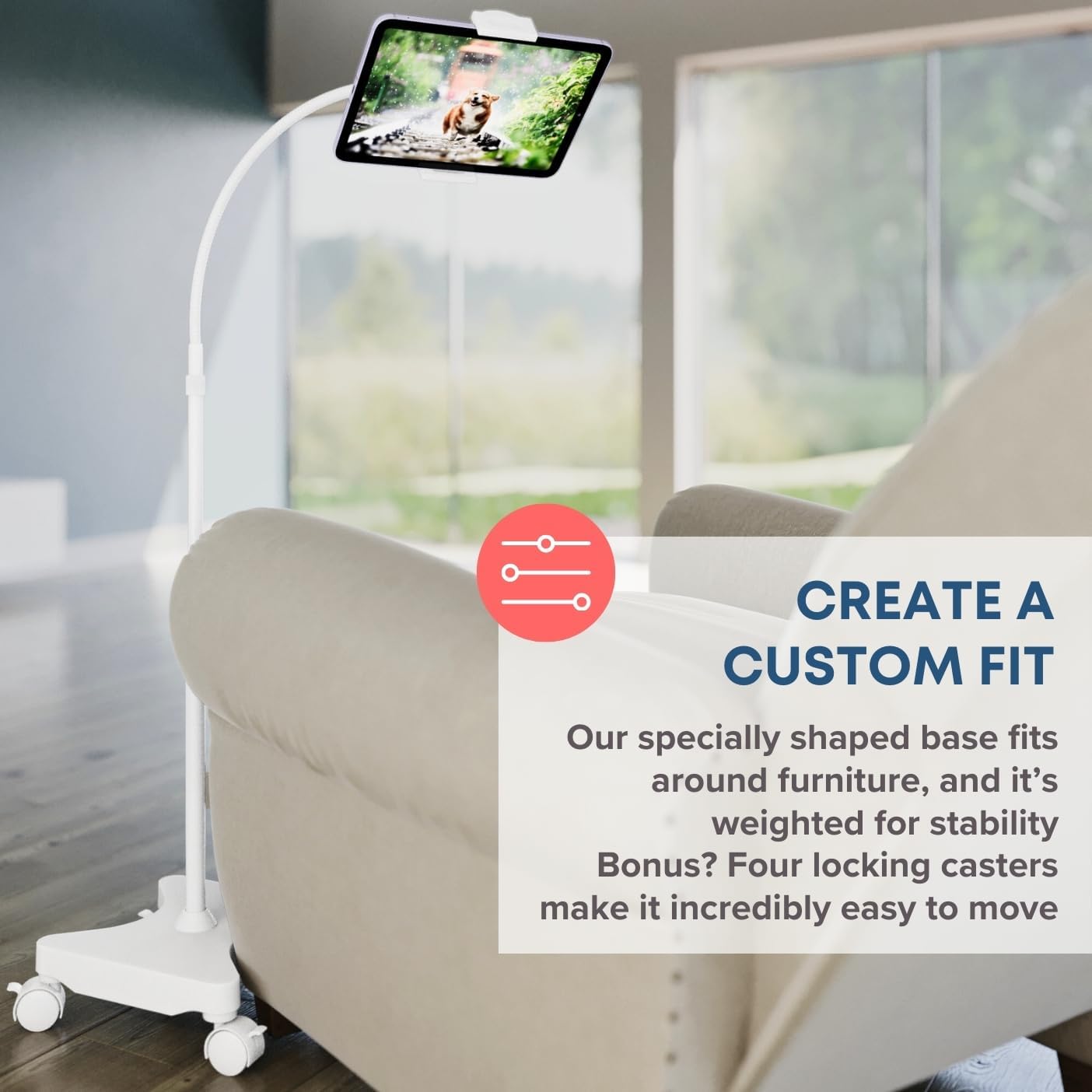 LEVO Gooseneck Tablet Floor Stand with Casters – Rolling Adjustable iPad Mount with Wheels, Height Tilt Rotation, Locking Mobile Base for Bedside, Couch, Chair, Hospital, Office, and Home – White