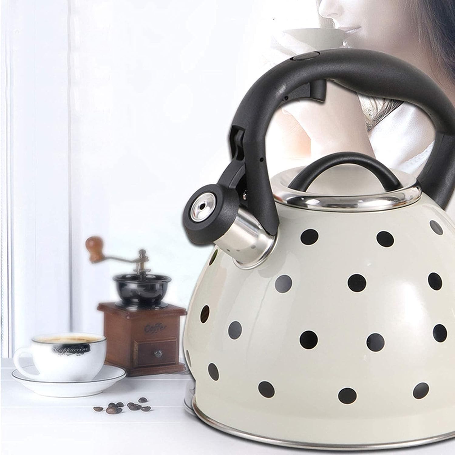 Camping Coffee Pot 3 Quart Large Stainless Steel Teapot Whistle Stove Polka Dot Teapot One-Button Opening and Closing Design Suitable for Home and Outdoor