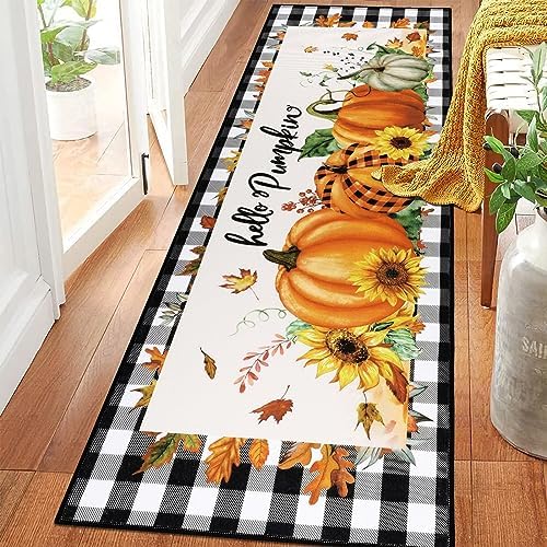 Pauwer Fall Pumpkin Runner Rugs for Hallways, 2x6 Non Slip Runner Rug with Rubber Backing, Farmhouse Area Rug for Kitchen, Washable Carpet Runner Fall Thanksgiving Decorations for Home