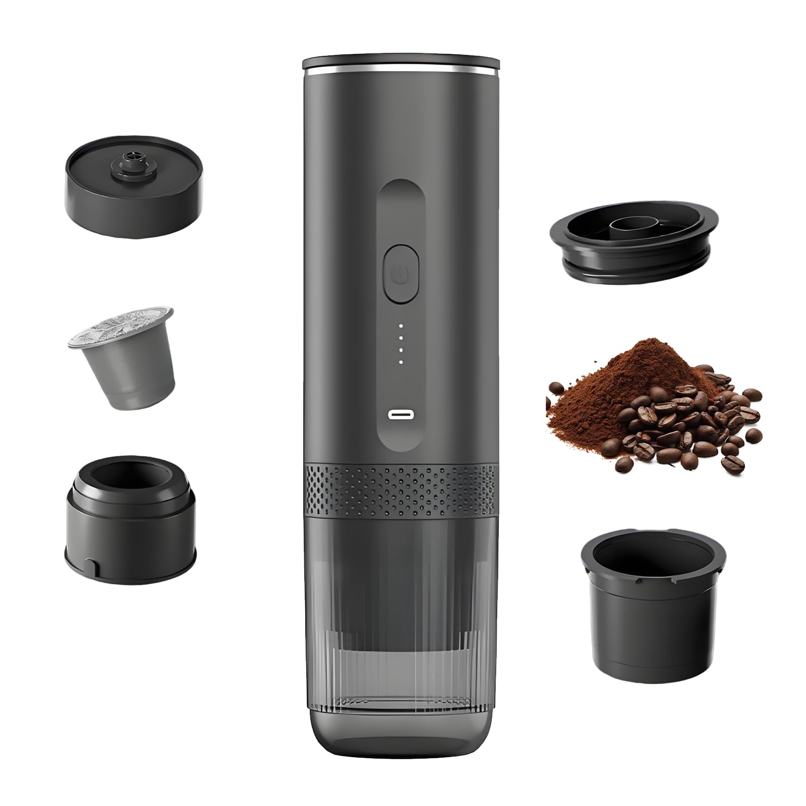 Cafetera Portatil Capsulas,Maquina Cafe Portatil,Espresso Machine,Carga Usb-C, Compatible Con Café Molido y Cápsulas, Ideal Para Acampadas, Viajes y Excursiones, Calefacción Inalámbrica (Negro)