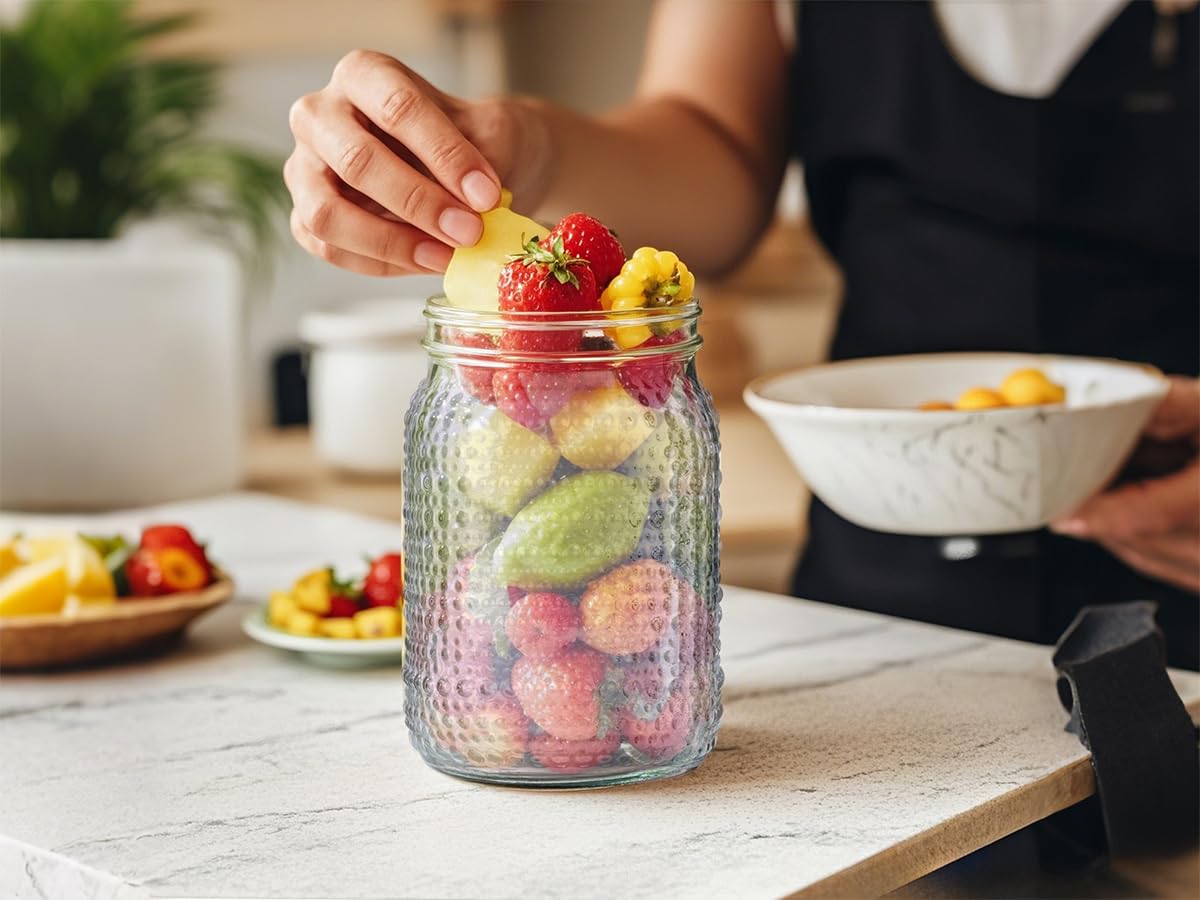 MirthMood - Tarros Mason de boca ancha de 32 onzas, paquete de 4 tarros de vidrio con tapas herméticas, tarros de cuarto de galón de boca ancha para conservar, preparación de comidas, avena nocturna
