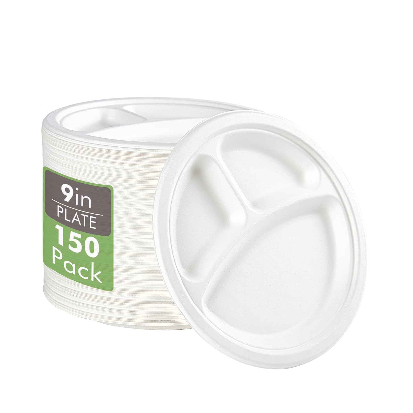 Vplus 100% Compostable Paper Plates, 150 Pack 9 Inch 3 Compartment Plates Disposable, Heavy Duty Biodegradable Plates Made of Sugar Cane Fibers, for Daily meals, Dinner, Parties, BBQ