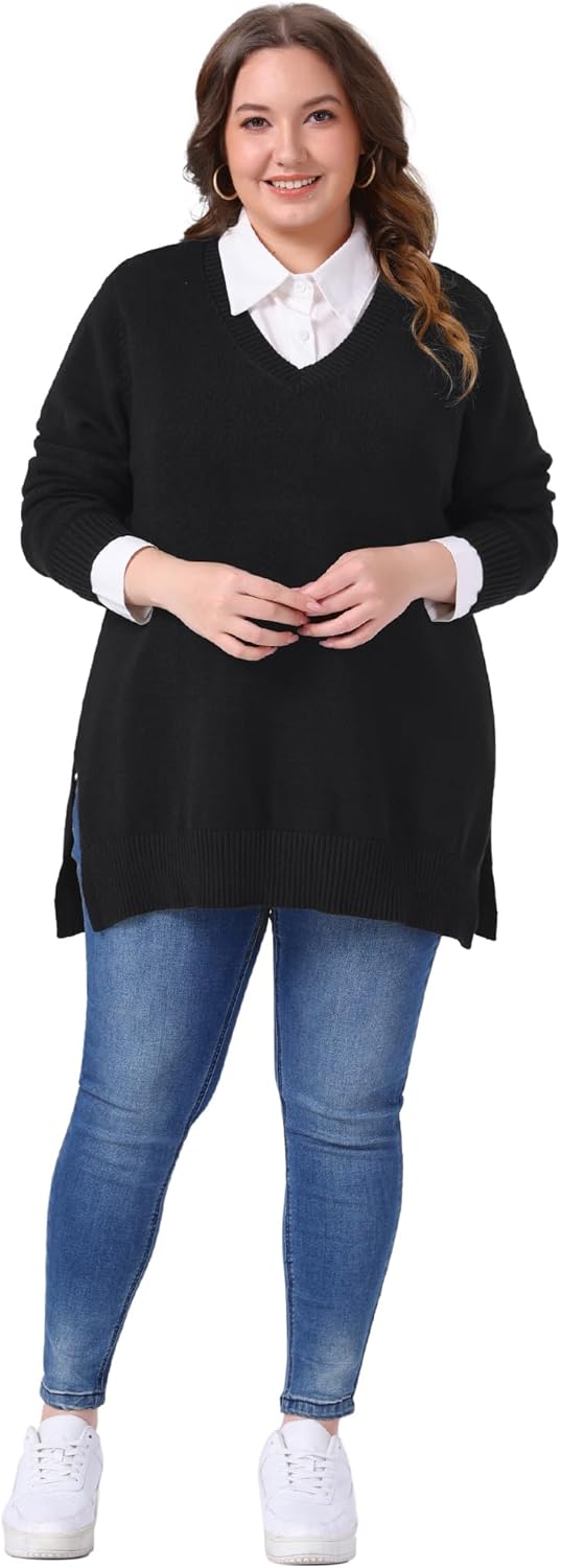 Agnes Orinda Plus Size Sweater for Women 2025 Fall Pullover Sweater Casual Loose V Neck Long Sleeve Side Split Jumper Tops - Image 3