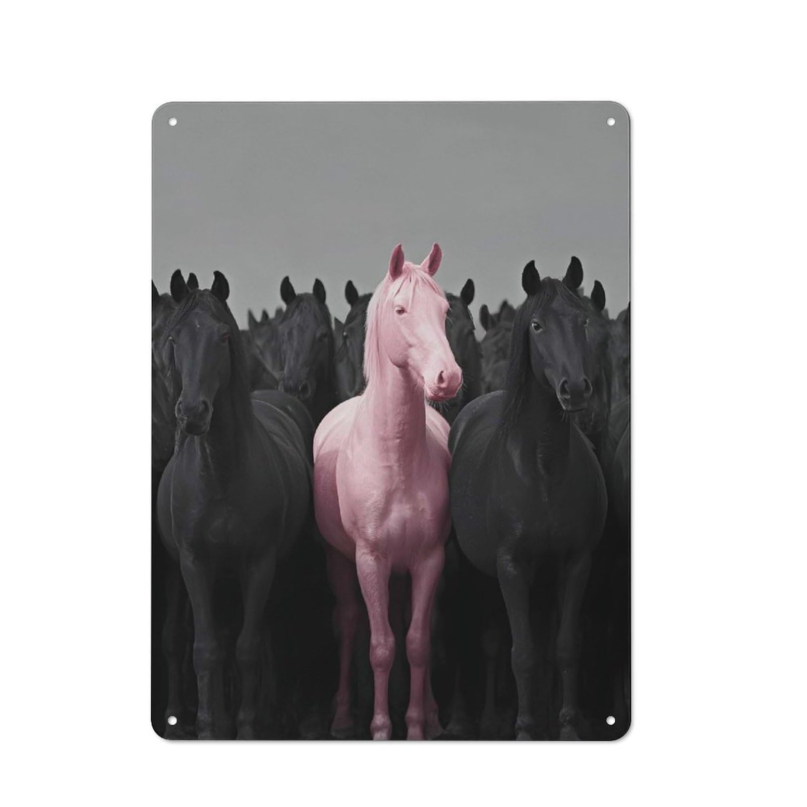 Junmoney Style-15 Pink Horse Among Black Horses Metal Wall Art Sign 40X30cm, Modern Retro Urban Room Decor For Modern Home, Workshop, Office Or Cafe