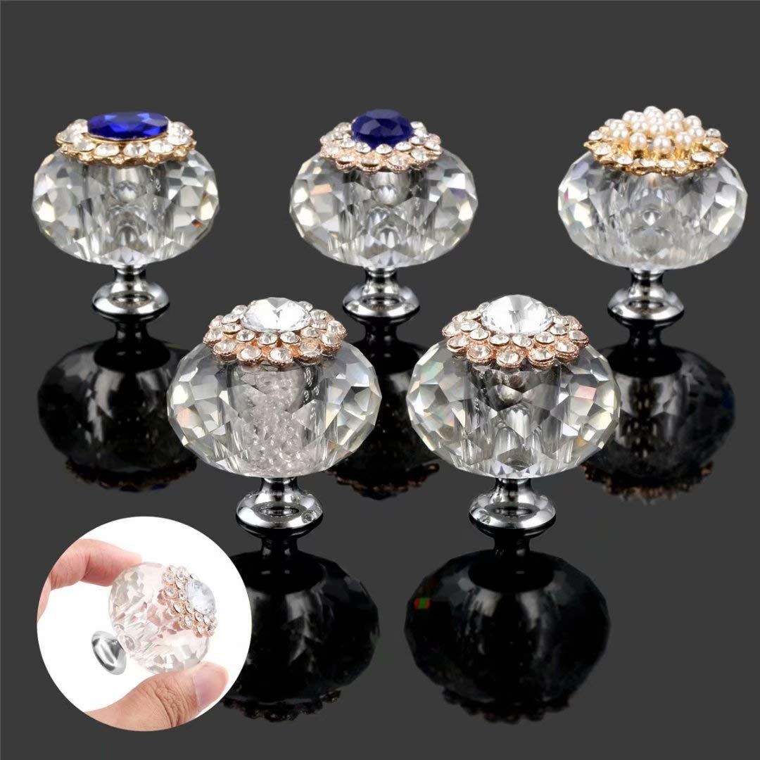 Pomelli da 40 mm in Vetro Trasparente in Lega di Zinco Maniglioni per mobili Comò Cassetti Guardaroba Armadio Confezione da 5 Pezzi (Diamante)