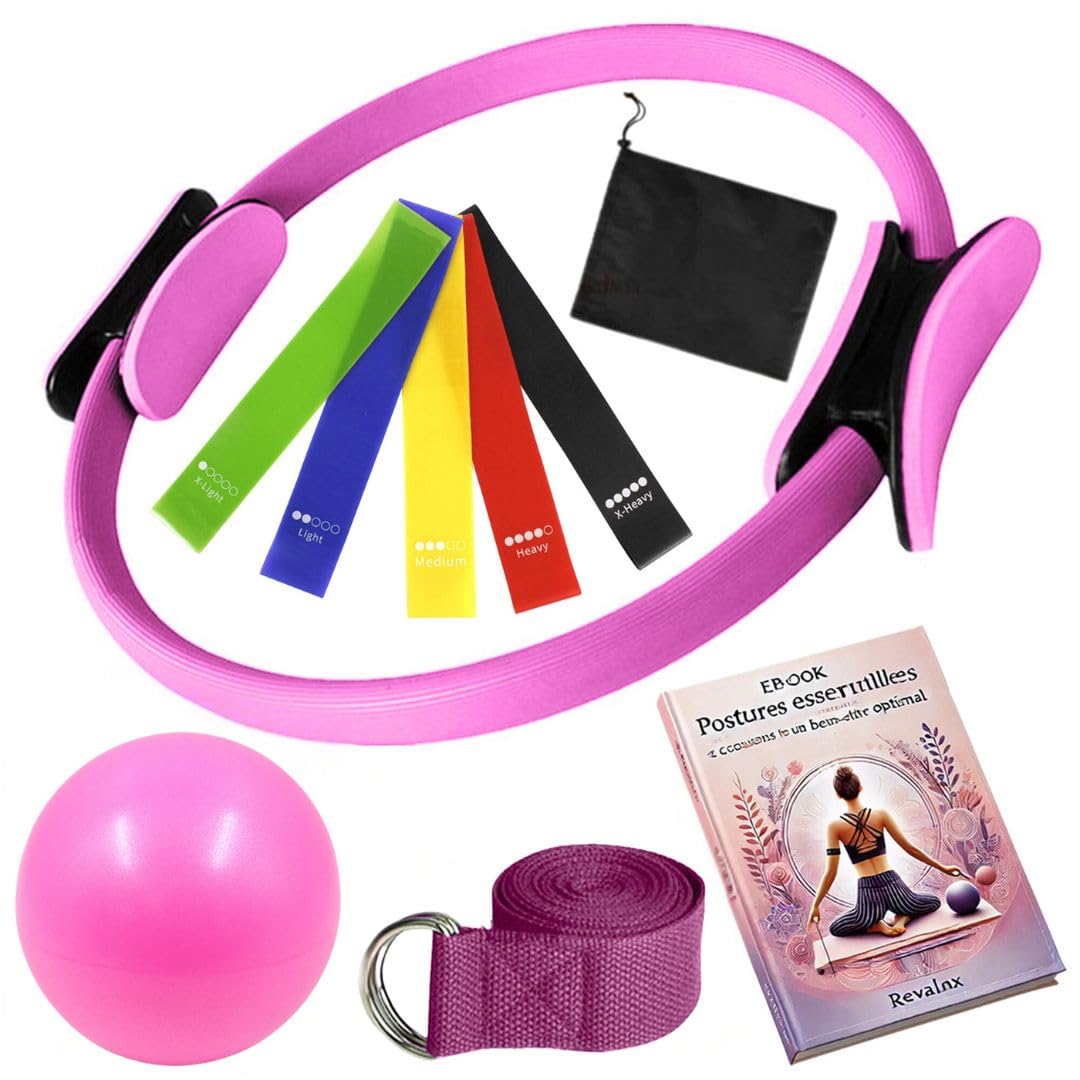 Kit Pilates Maison 8pcs, Anneau de Pilates, Ballon de Yoga, Bandes de Résistance, Sangle, Accessoires Pilates