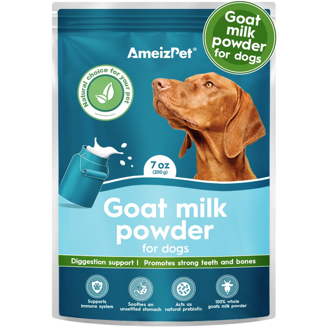AmeizPet 100% Natural Goats Milk Powder For Dogs, Powder To Create Delicious Goat Milk, Perfect for Hydration, Nutrient Rich Sensitive Tummy Dog Food Topper, 200g (7 Oz.)