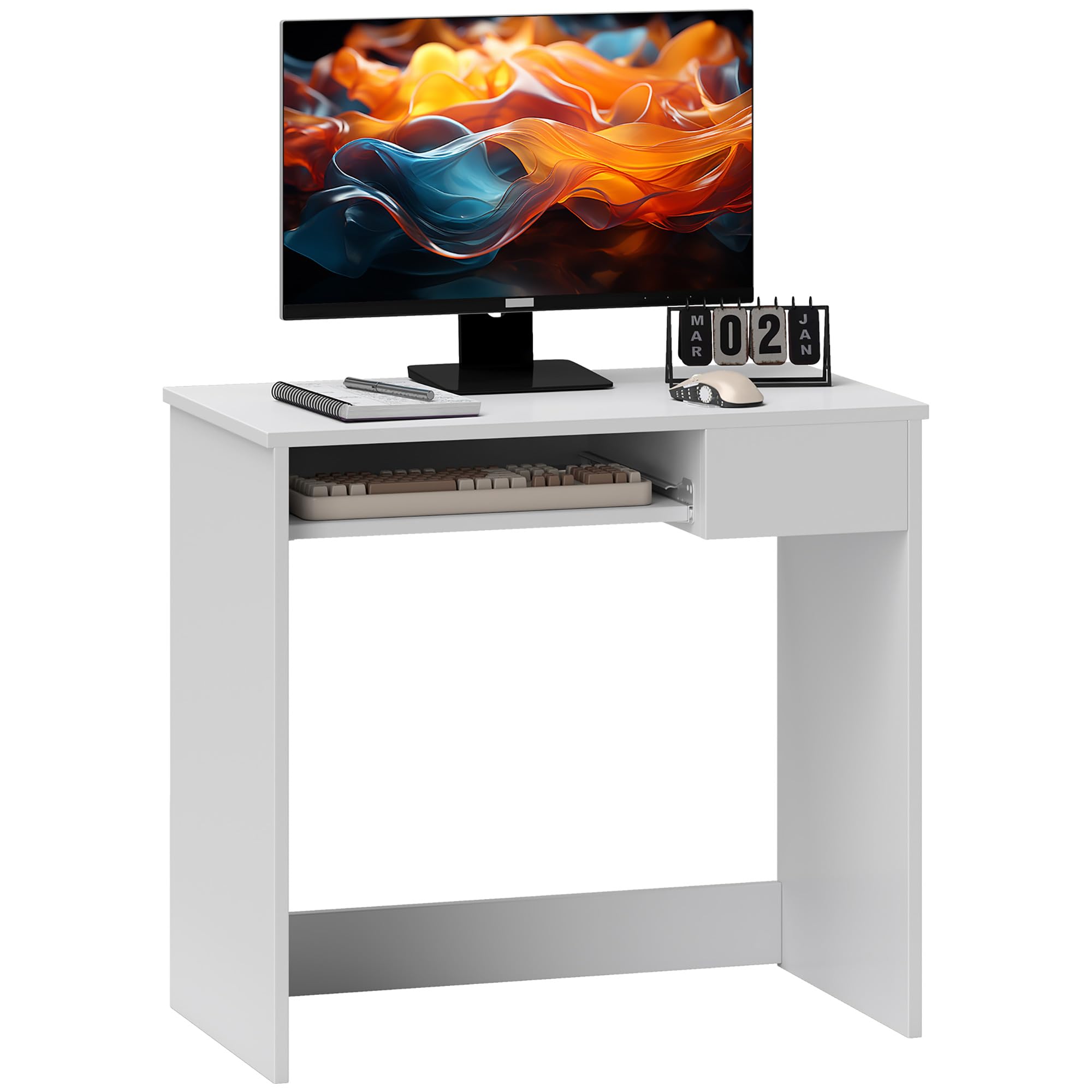 Homcom White Compact Computer Table W/ Keyboard Tray Drawer Study Office