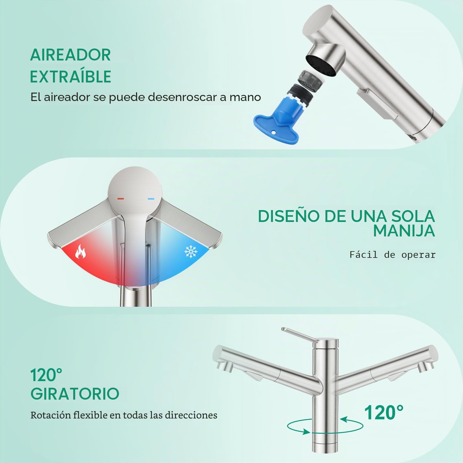 CREA Grifo Cocina Extraible, Grifo de Cocina con 2 Modos de Ducha, Grifo para Fregadero Giratorio a 120°, Grifo Mezclador Cocina con Ducha Extraíble,Acero inoxidable