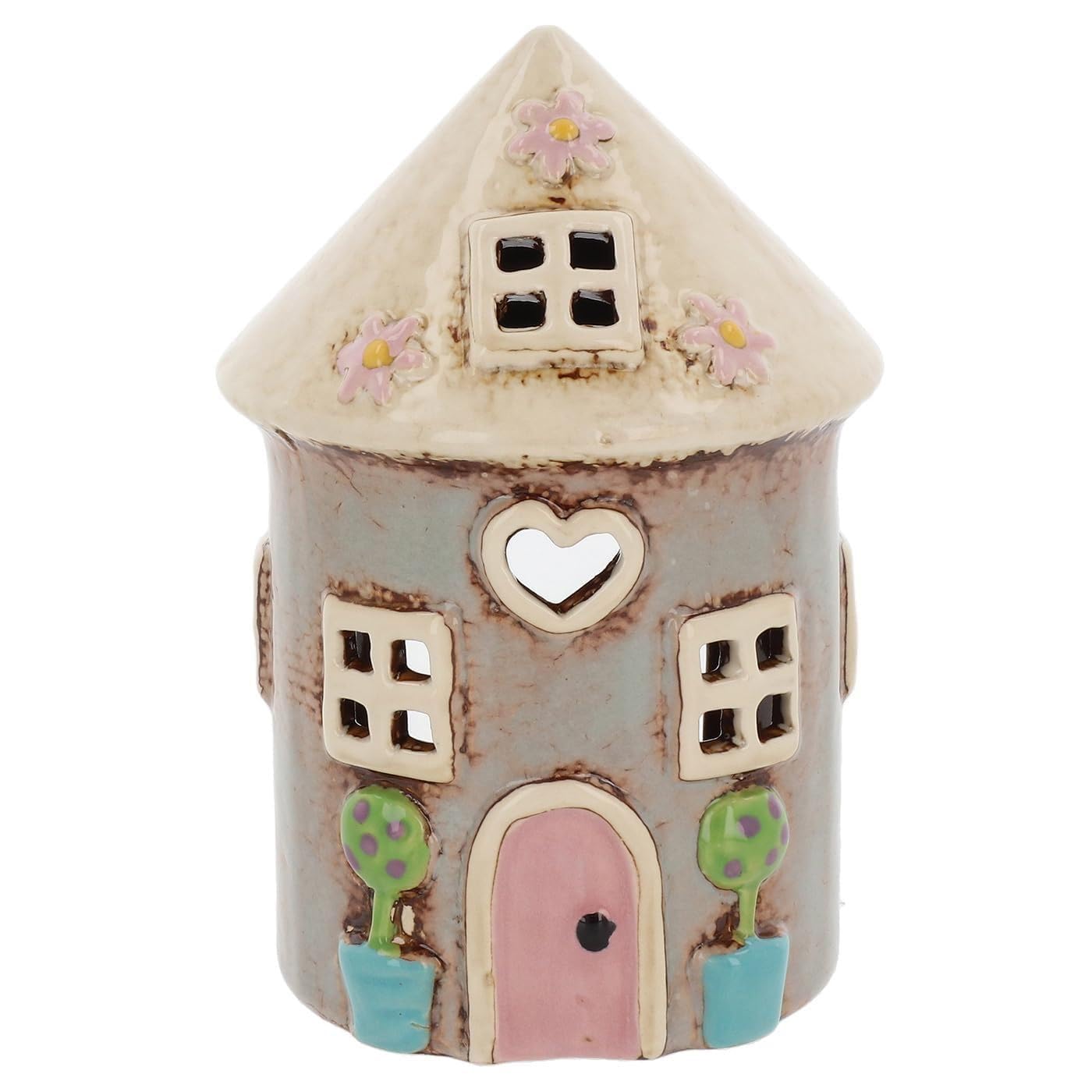 Shudehill Giftware Village Pottery Ceramic Tealight Holder Pretty Garden Floral House Pastel Collection (Round Grey)