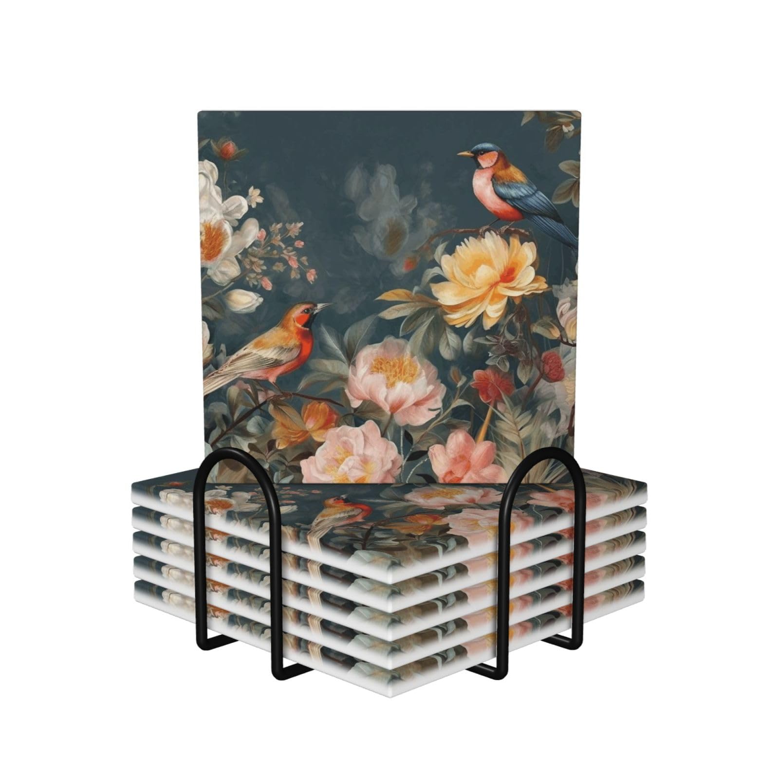 Dessous de verre pour cadeau de crémaillère lot de 6 céramique à motifs d'oiseaux avec support