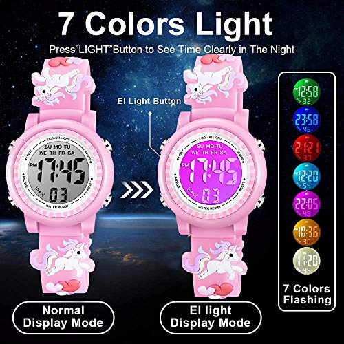 venhoo kids watches 3d cartoon waterproof 7 color lights toddler wrist digital watch with alarm stopwatch for 3-10 year girls little child