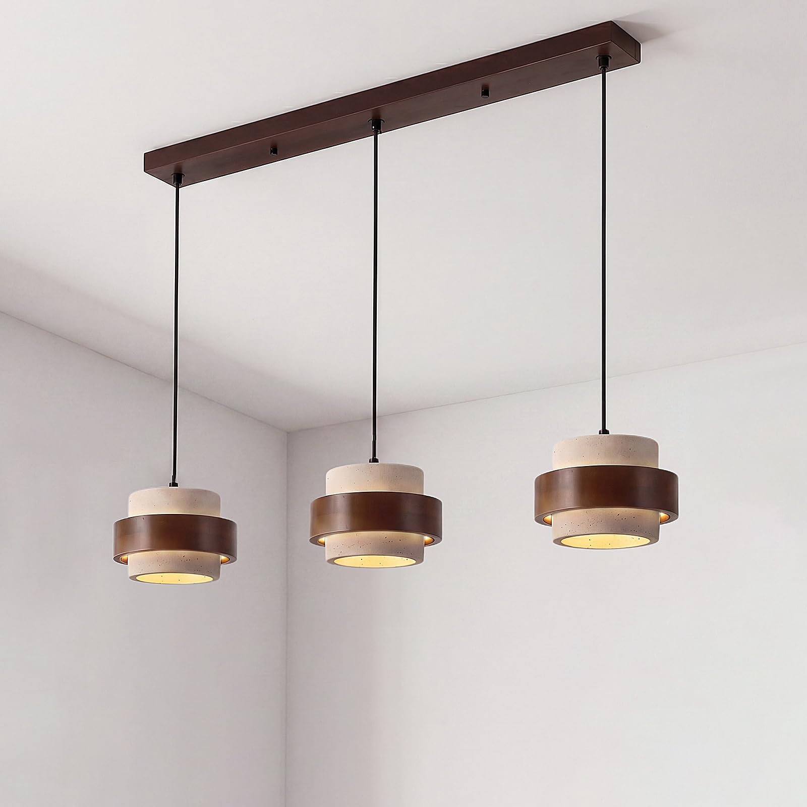 Lampadario Sospensione LED 3 Teste Stile Giapponese Wabi sabi Travertino Giallo Altezza Regolabile Lampadari Sospensione in Legno Lampadario Moderno per Soggiorno Cucina sala da pranzo Anello Legno