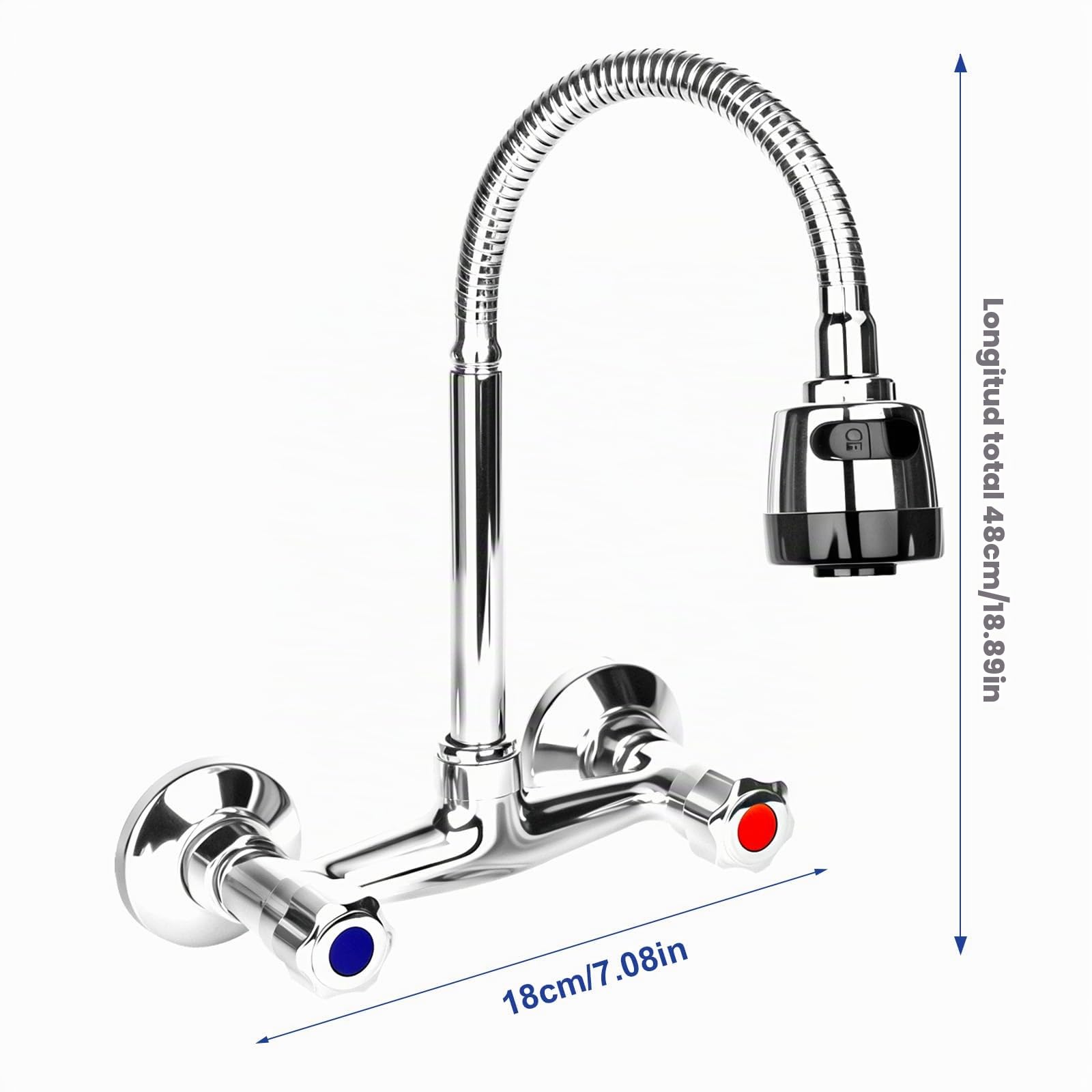 Mezclador de pared de dos manijas de latón, grifo de fregadero giratorio 360°, interruptor de agua fría y caliente, grifo de pared para cocina, grifo de fregadero, 2 modos de drenaje de agua