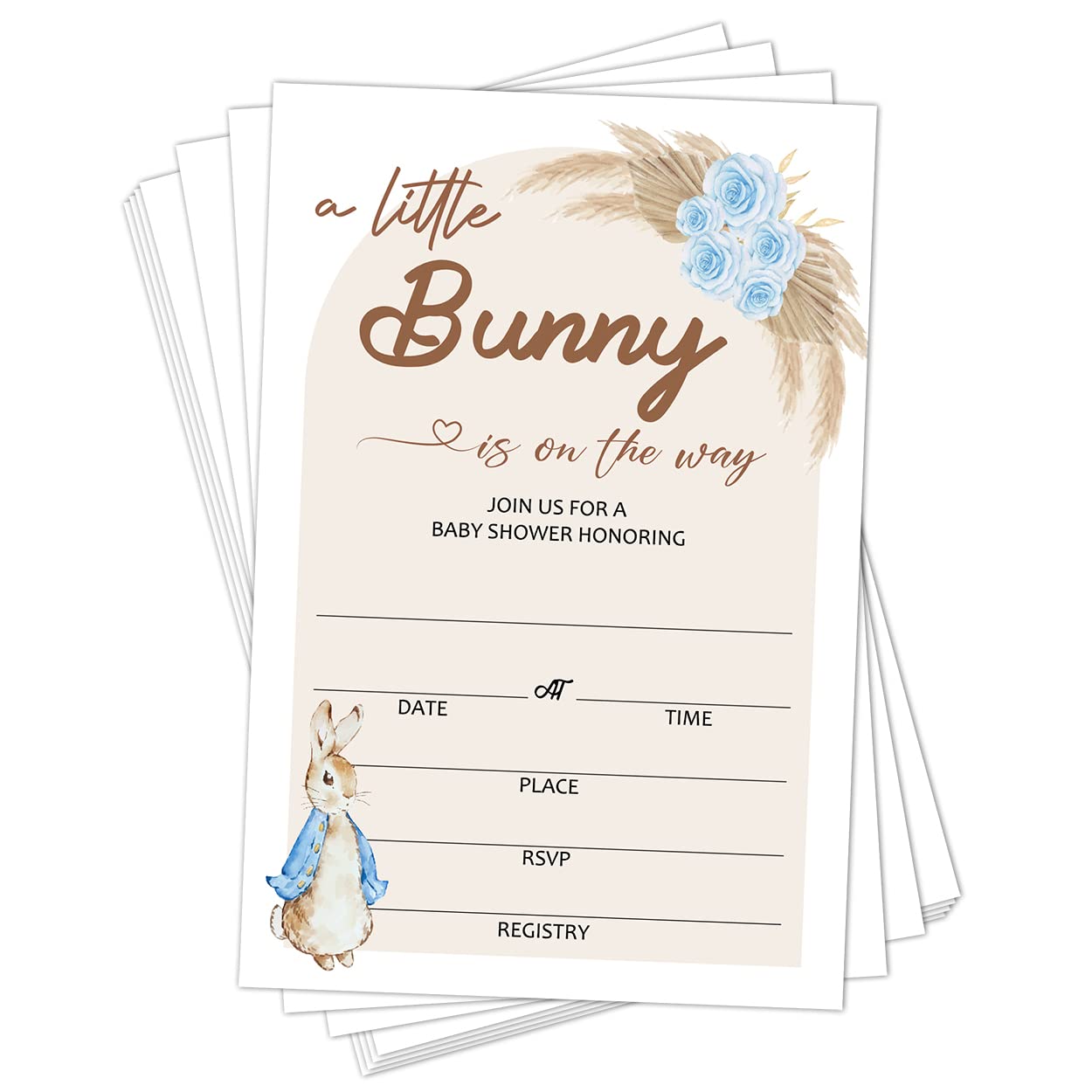 Blue Boho Bunny Theme Baby Shower Invitations with Envelopes - Pack of 25 — Gender Reveal Party Baby Shower Activities Supplies - BBYQC025