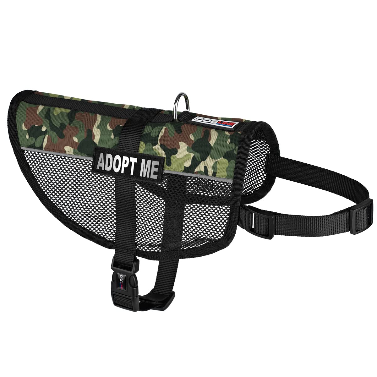Dogline MaxAire Vest Adopt Me Removable Patch Adjustable Harness Reflective for Puppies Small Medium and Large Dogs 22 by 29 Inch Girth Green Camo