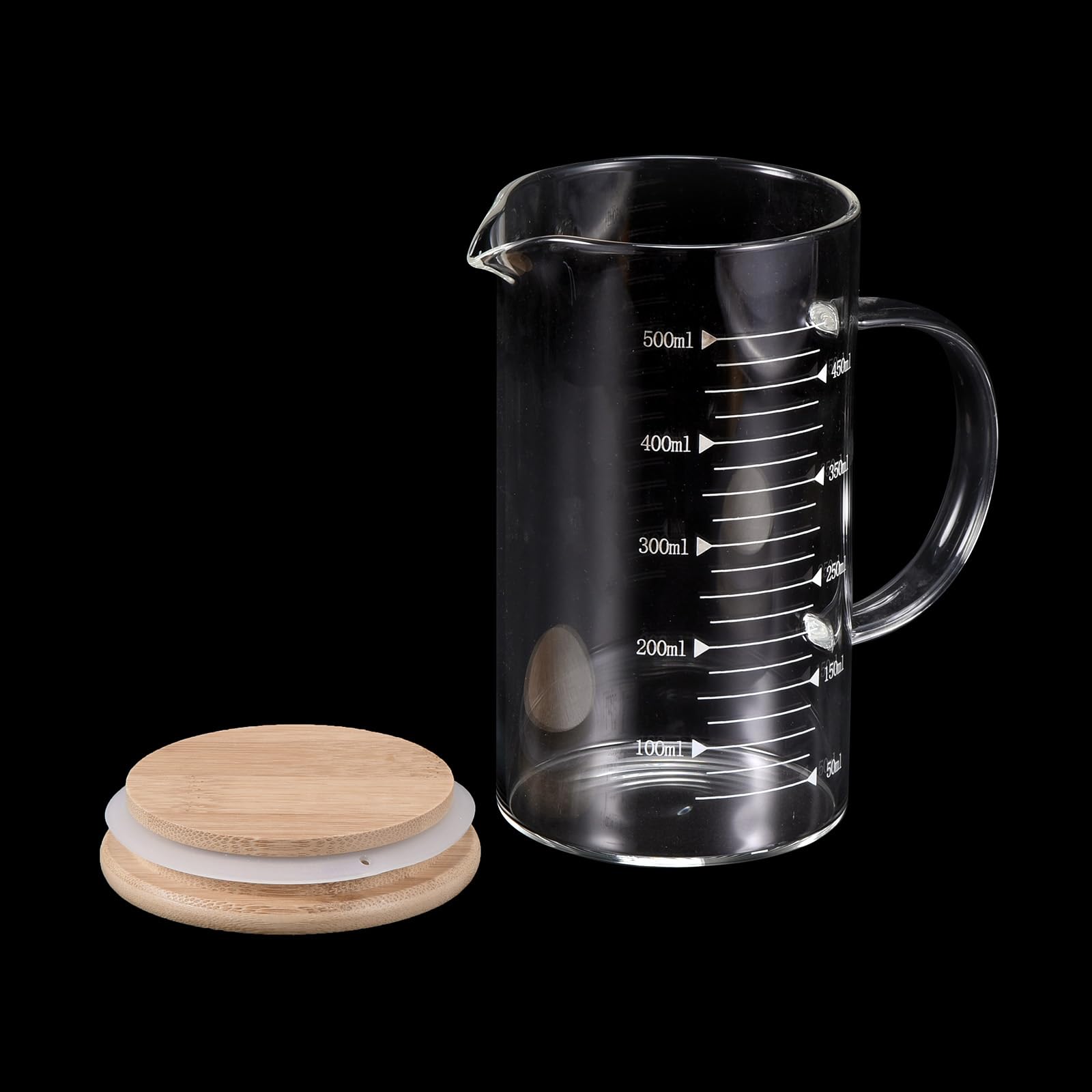 PATIKIL Vaso Medidor de Vidrio de 500ml, Pack de 2 Tazas Medidoras de Vidrio Borosilicato 3.3 con Escala Impresa Blanca Graduada para Medir Líquidos con Tapa de Madera y Pico en V