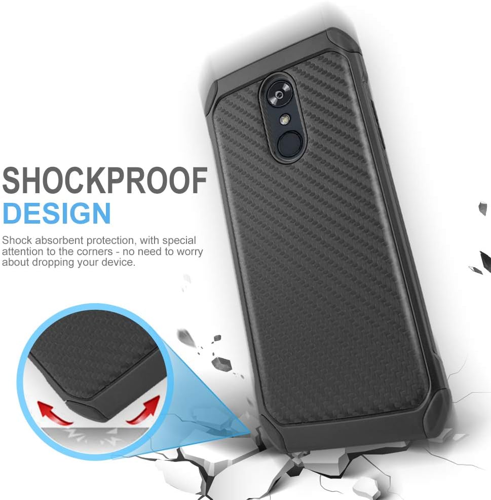 TJS Phone Case Compatible with LG K40/K12 Plus/X4/Solo LTE/Harmony 3/Xpression Plus 2,[Full Coverage Tempered Glass Screen Protector] Hybrid Shock Absorbing Carbon Fiber Hard TPU Inner Layer (Black)