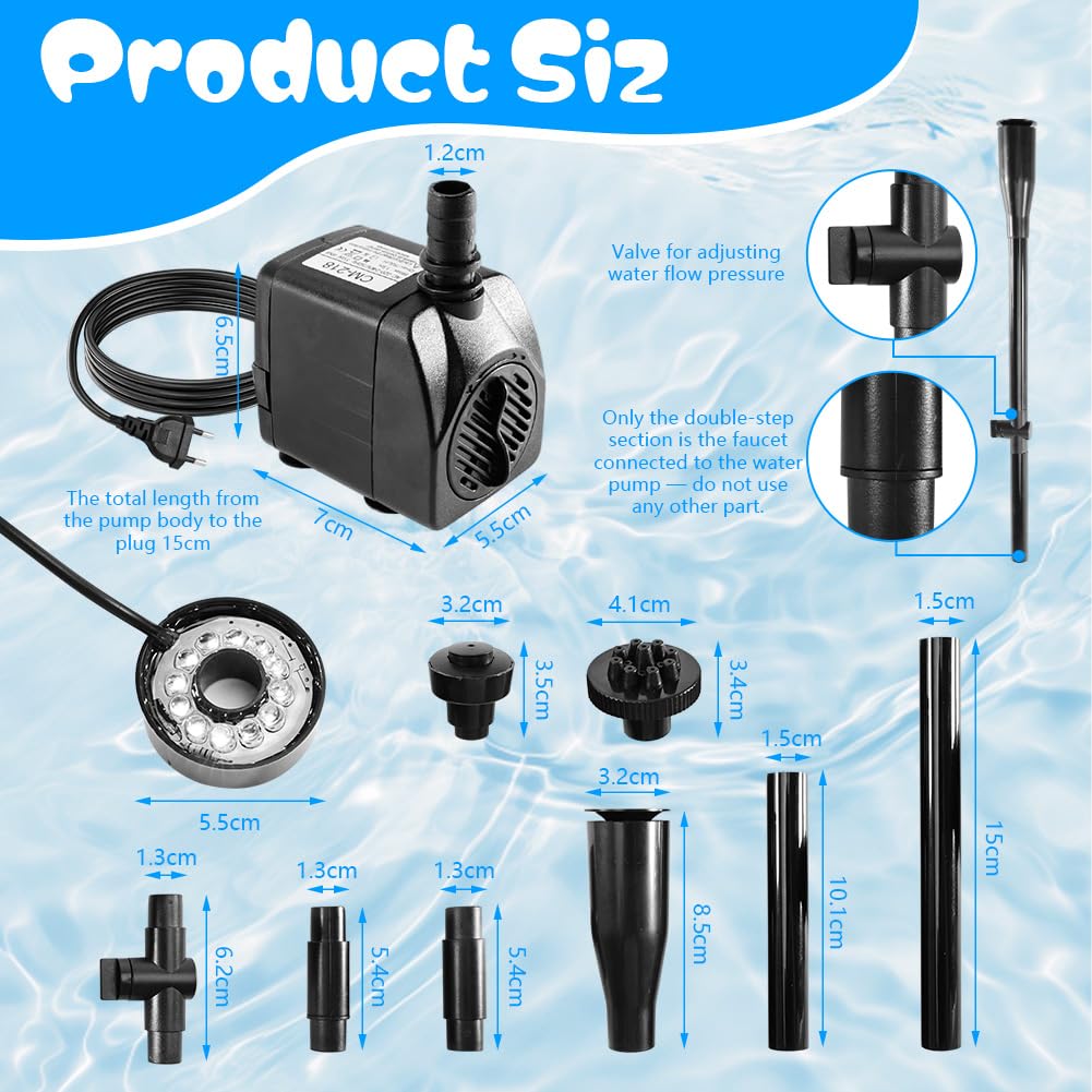 Pompa do fontanny zewnętrzna z diodami LED, 800 l/h, 15 W, RGB, pompa do akwarium do mini stawu, pompa do oczka wodnego z kablem 3 m, 3 dysze, 3 zmieniające się kolory, mała pompa do stawu ogrodowego