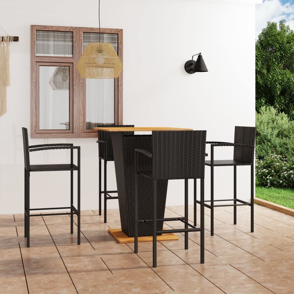 5-częściowy zestaw barów ogrodowych, czarny, z polirattanu PE, drewna akacjowego i stali, 80 x 80 x 110 cm, na taras, balkon i do użytku na zewnątrz, łącznie z 4 krzesłami