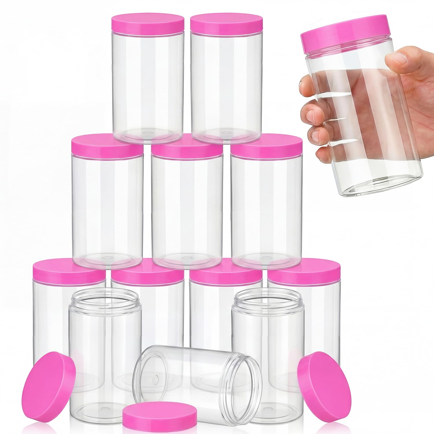 SATINIOR 12 Pack 32 oz Plastic Container Jars with Lids Round Clear Travel Cosmetic Container Slime Jars for Toiletries, Lotion, Cream, Ointments, Makeup, Rhinestone, Samples, Kitchen Storage(Pink)
