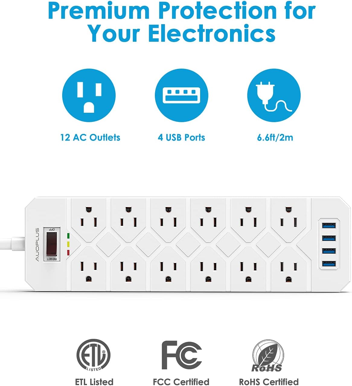 Power Strip Flat Plug, AUOPLUS Surge Protector with 12 Outlets and 4 USB Ports, 6.6 Feet Long Extension Cord (1875W/15A/3400 Joules), Mountable Power Strips for Home, Office, Dorm Essentials