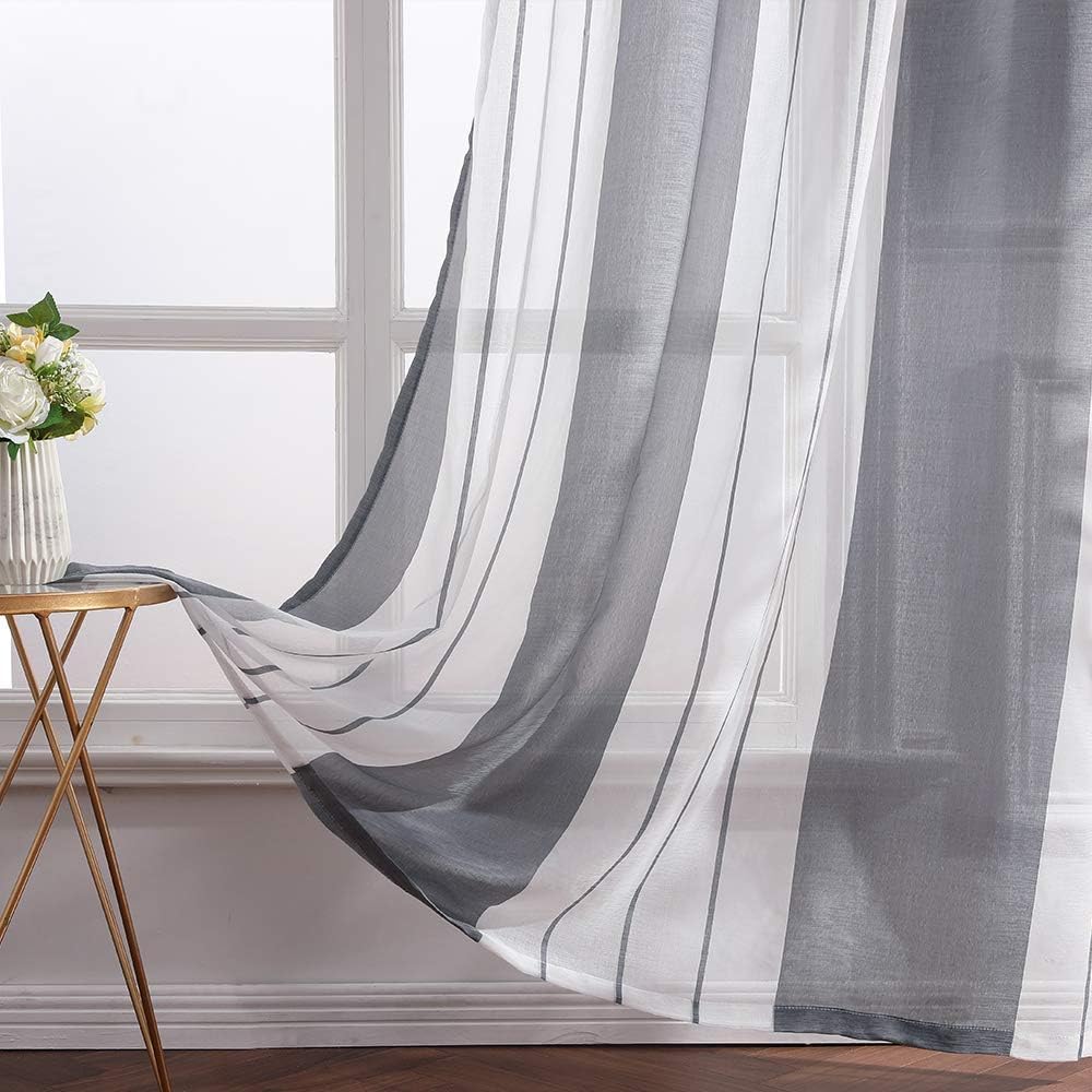 MIULEE Tende a Righe per Interni, Tende Trasparenti in Voile Tende Camera da Letto, Tenda Salotto Moderne con Anelli, Tenda a Pannello da Interno Finestra a Righe Bianche e Grigie, 2x 140270x CM