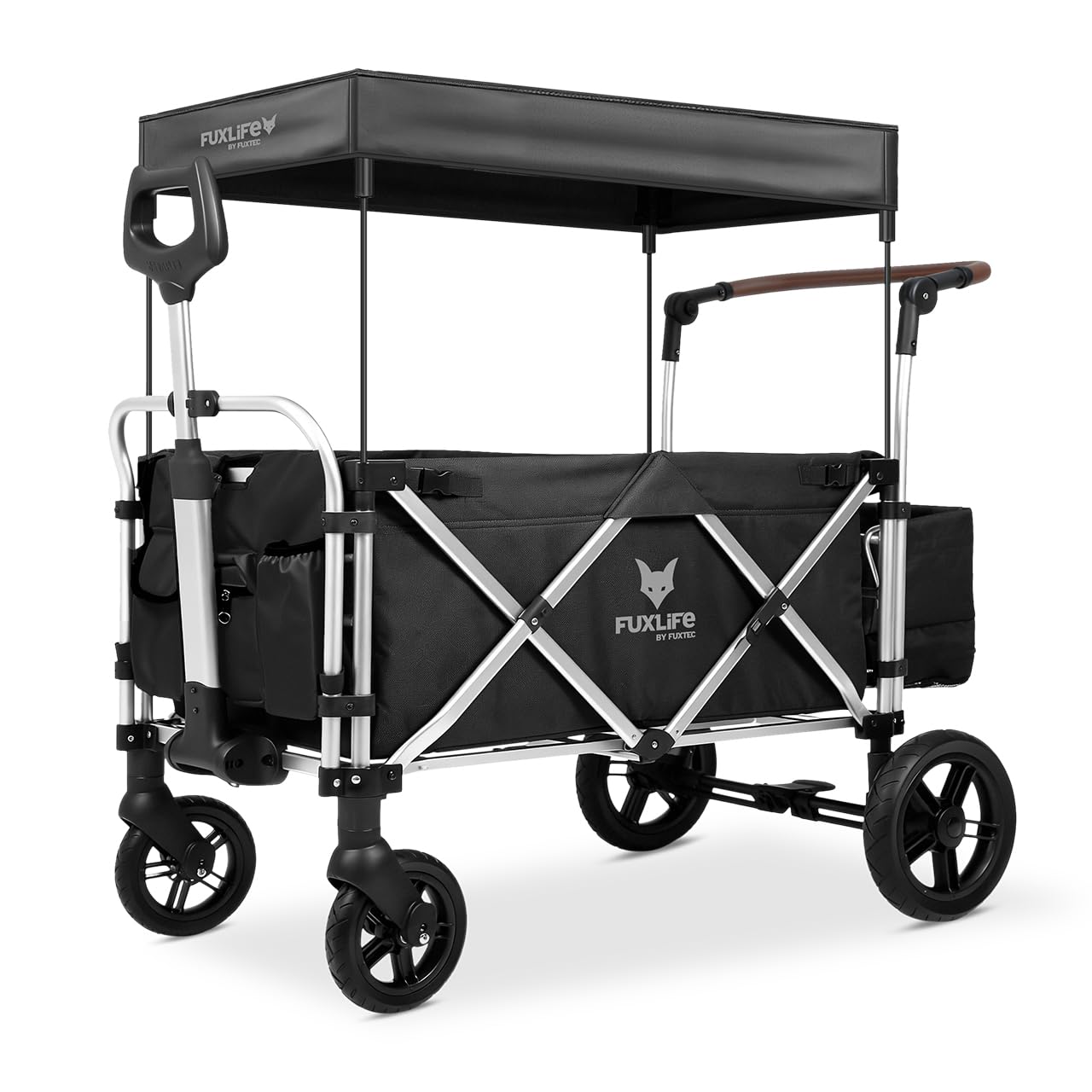 FUXLIFE handcart FX-CTL900 negro - premium plegable - carro de transporte para niños con toldo - interior acolchado y arnés de 5 puntos - ruedas con muelles - carro compacto plegable con bolsa de frío