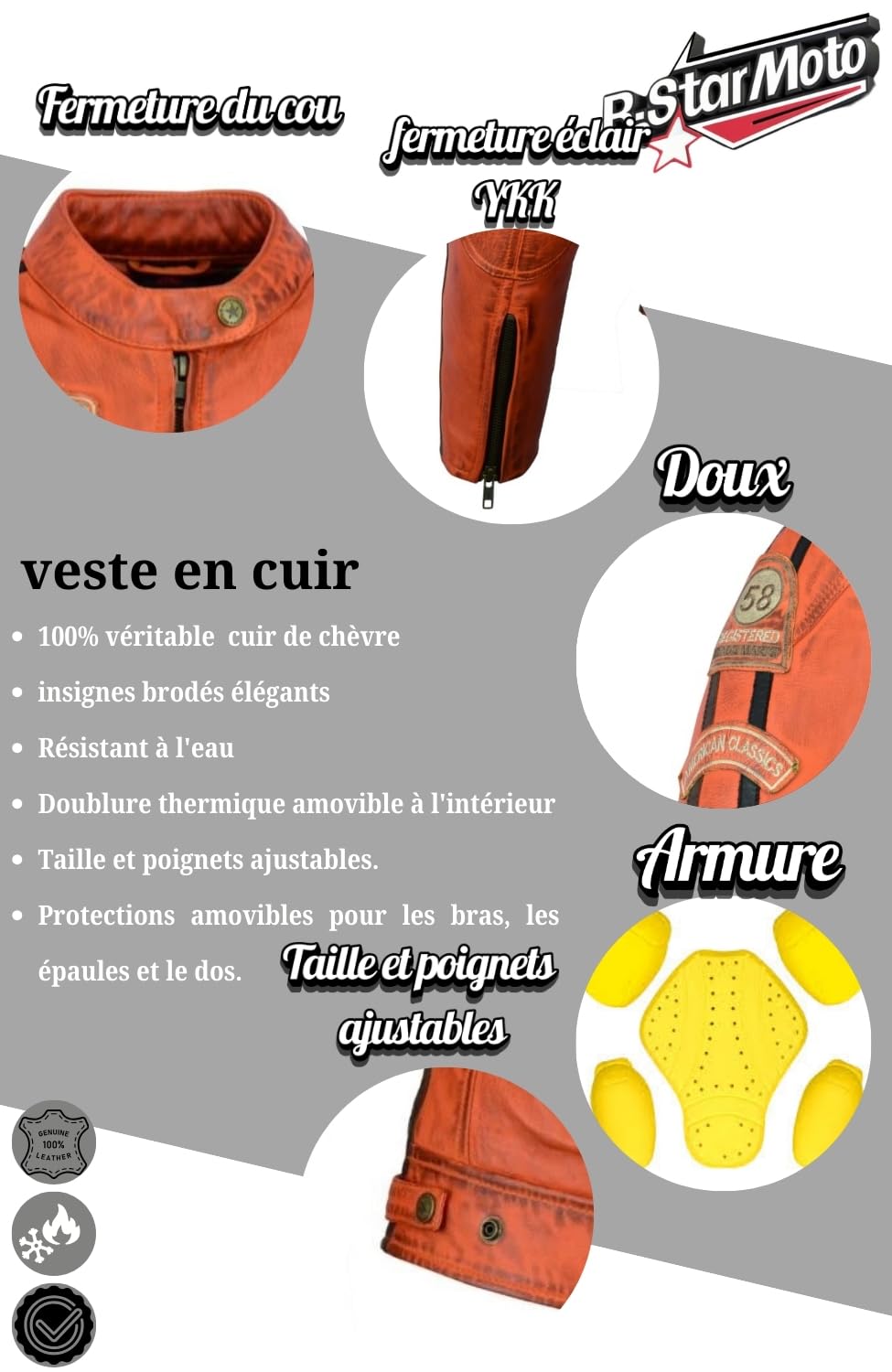 Veste de Moto En Cuir Pour Femme- Blouson Avec Protection Douce Cuir Et Vent Armure Corps été Hiver Tourisme Motard Blinde Orange
