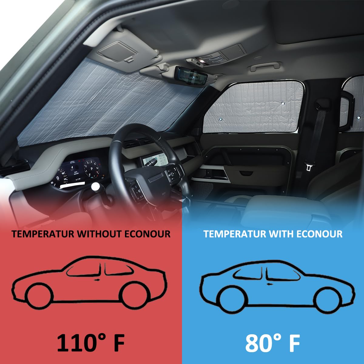 Parasole per parabrezza pieghevole per auto, riflettore per raggi UV, per finestrino anteriore e finestra in vetro per LR Defender 90 110 2004-2022 (per Defender 2020-2022, parasole in vetro a