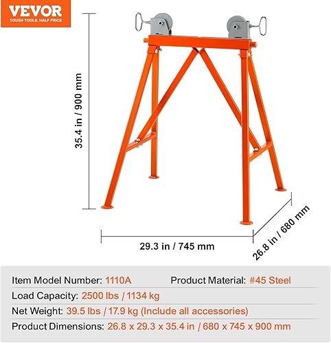 Miniatura 7 de VEVOR Soporte de tubería con cabezal de rodillo, capacidad de carga de 2500 libras, adecuado para tubos de 2 a 36 pulgadas, soporte de tubo de