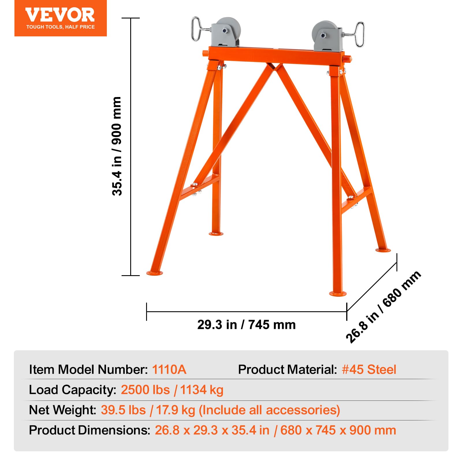 VEVOR Supporto per tubi con testa a rullo, resistente capacità di carico di 1134 kg, adatto per tubi da 5-91,4 cm, supporto per tubi a rullo in acciaio 45 # per saldatura