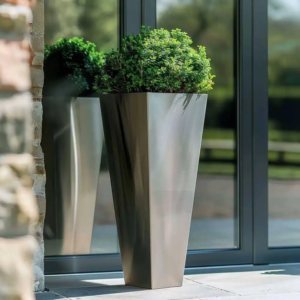 70cm Zinc Silver Tall Tapered Square Planter - Woven Wood - Galvanised Aluzinc - Rust & Frost Proof