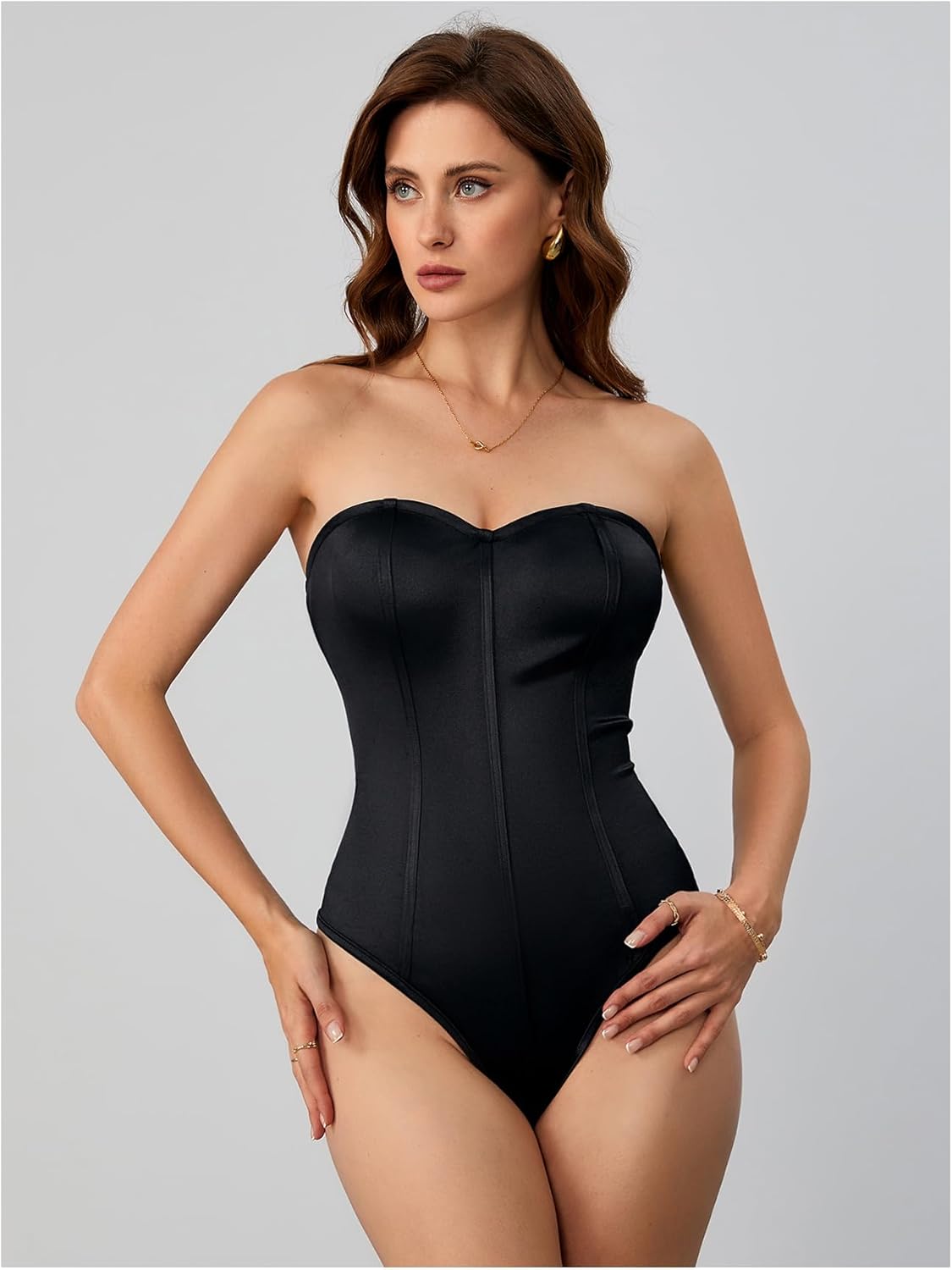 OYOANGLE Women's Silk Satin Bodysuit Sleeveless Strapless Tube Backless Solid Plain Slim Fit Bodysuit Tops - Image 3