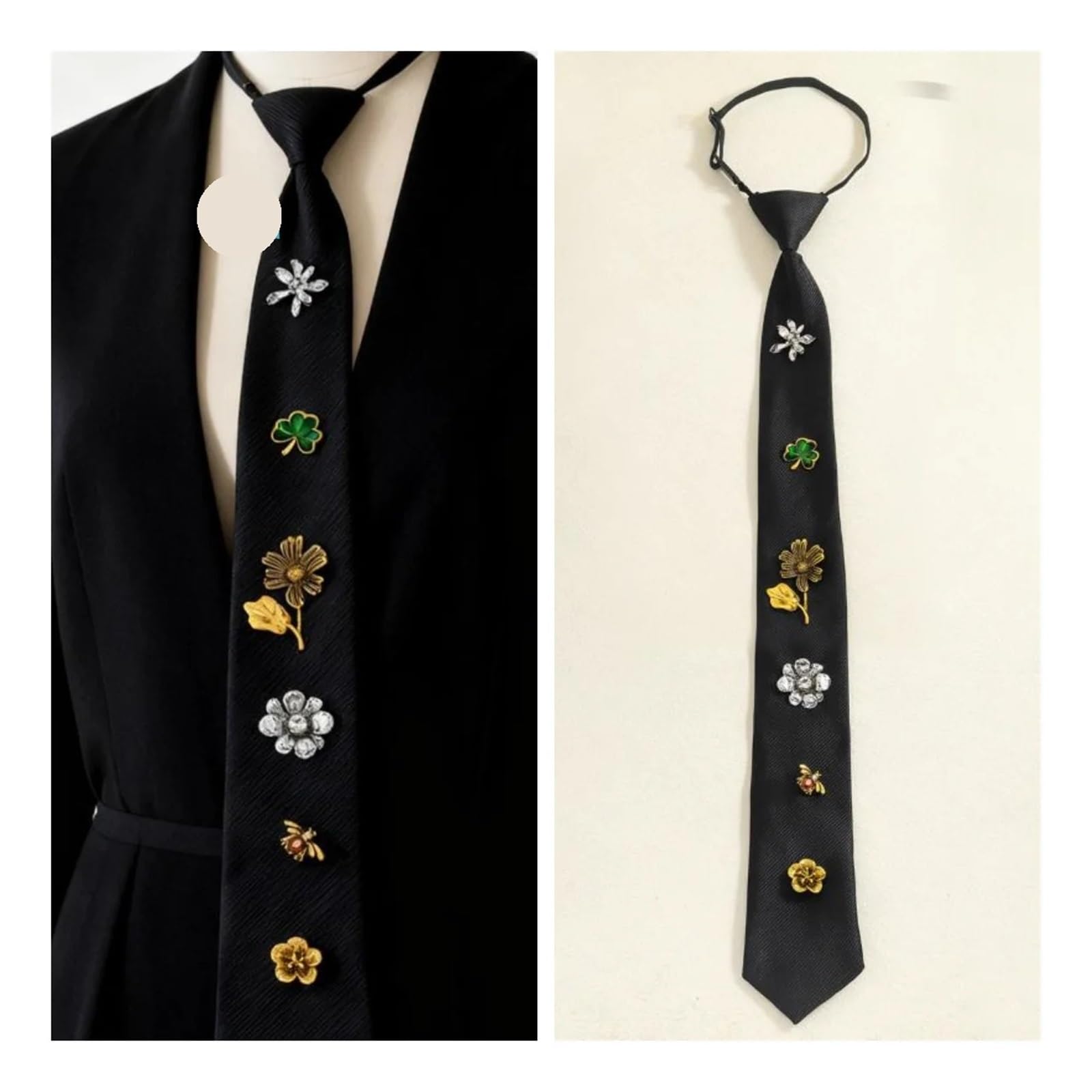 Glitzer Strass-Krawatte Schwarze Blumenkrawatte aus Stoff