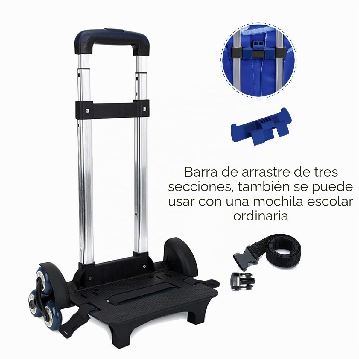 PROTAURI Carro Plegable para Mochilas Escolares - Carro de Mano con Ruedas para niños, Mochila Escolar, Equipaje de Viaje con Hebillas (6 Ruedas Azules)