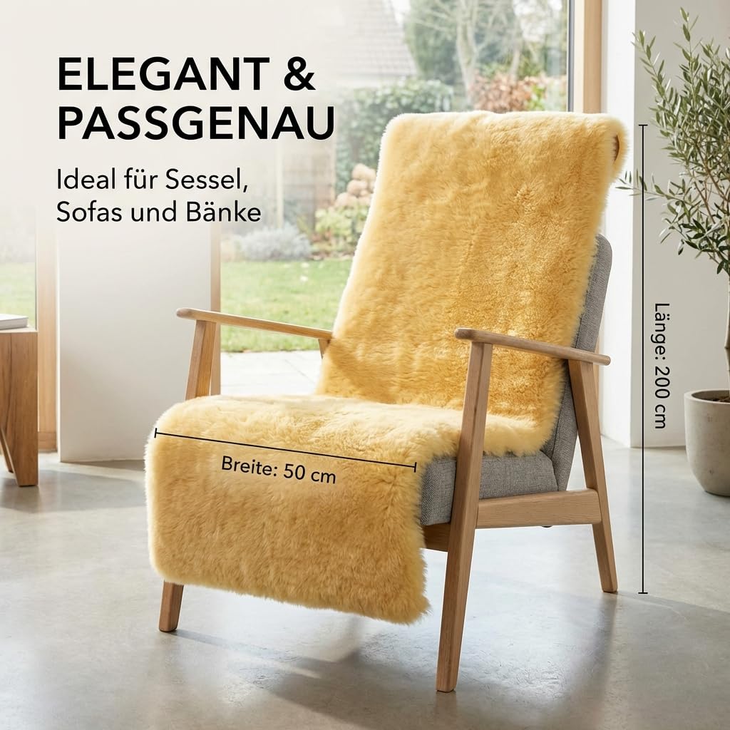 50x150cm Sesselauflage Lammfell - Weich, warm & atmungsaktiv | echtes Premium Schaffell, medizinisch gegerbt & chromfrei | Ideal für Senioren, Sessel, Bett oder Rollstuhl.