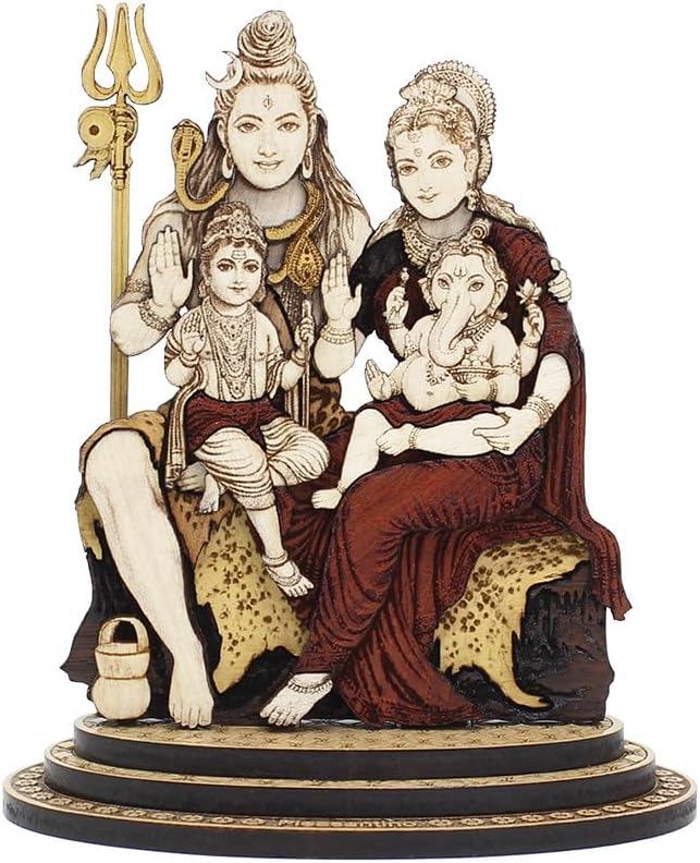 4 Inch Shiv Parivar Wood Carved Statue in Exotic Hard Woods - Multi Layered Hand Made Wooden Lord Shiva Family Idol for Car Dashboard, Home, Office, and Travel