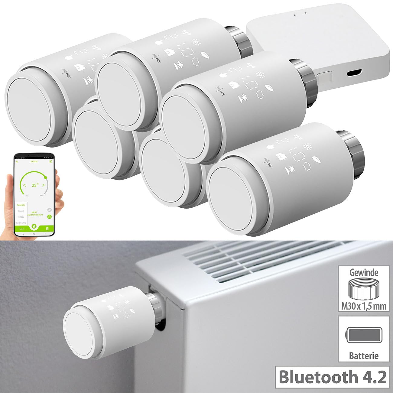 revolt Heizthermostat: 6er-Set programmierbare Heizkörper-Thermostate mit WLAN-Gateway & App (WLAN Heizungsthermostat, Thermostat Bluetooth, iPad)