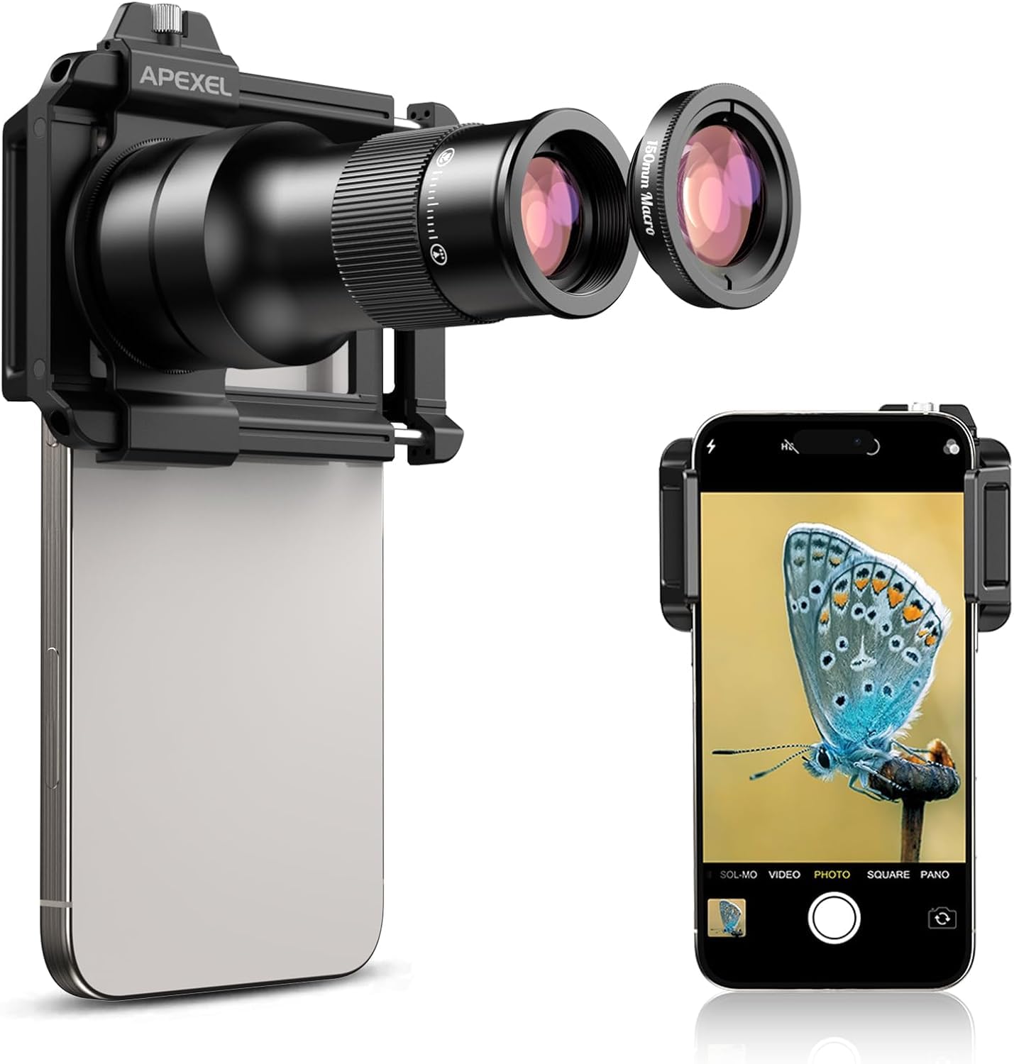 [Telephoto / Macro Integrated] APEXEL 6X Smartphone Telephoto Lens, 5.9 inches (150 mm) Smartphone Macro Lens, Alloy Durable Portable Telephoto Lens, HD Optical Lens, Video Capturing Macro Lens, for