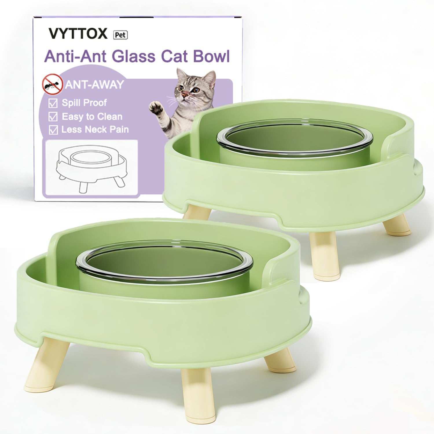 Ciotola per cibo per gatti a prova di formiche, piatto rialzato in vetro per animali domestici con supporto profondo anti-formiche, senza stress, ciotole per cibo e acqua, per gatti e cani di piccola