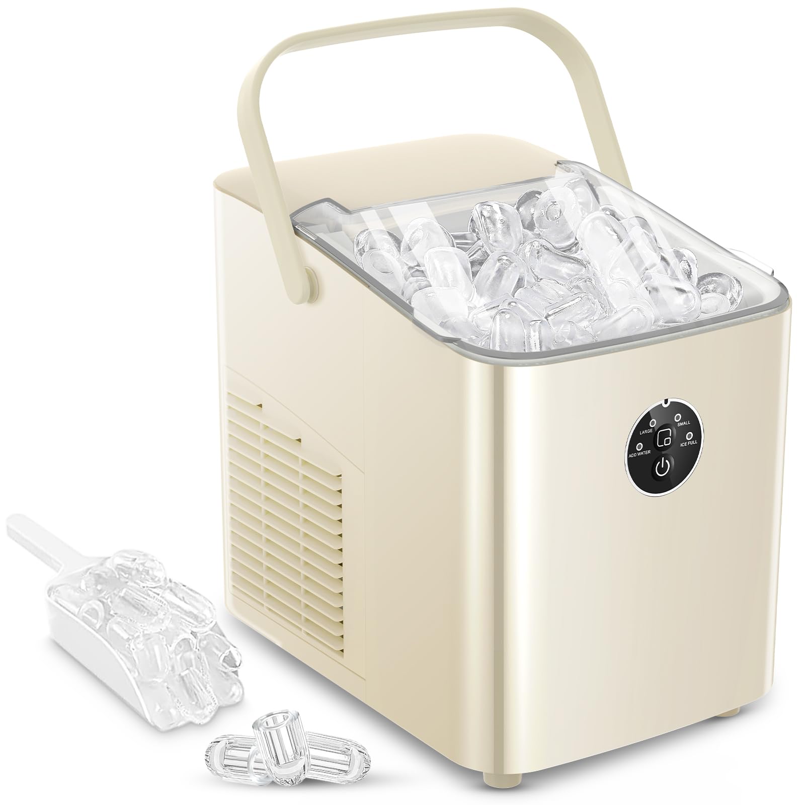 FOHERE Eiswürfelmaschine 14kg 24 Stunden, Eiswürfel in 5 Min, 2 Größen von Bullet Ice, Selbstreinigender Eiswürfelbereiter mit Griff, Eisschaufel u. Korb, Ice Maker für Party Büro RV (Off-white)